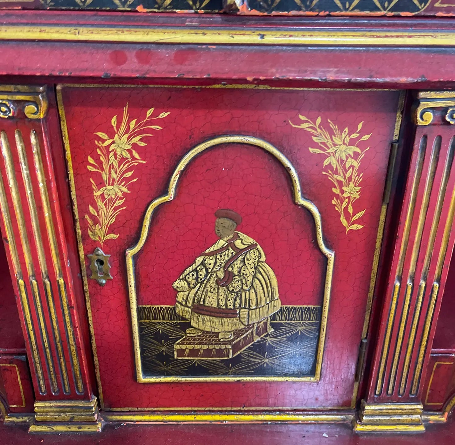1970s Vintage Red Chinoiserie Secretary Desk