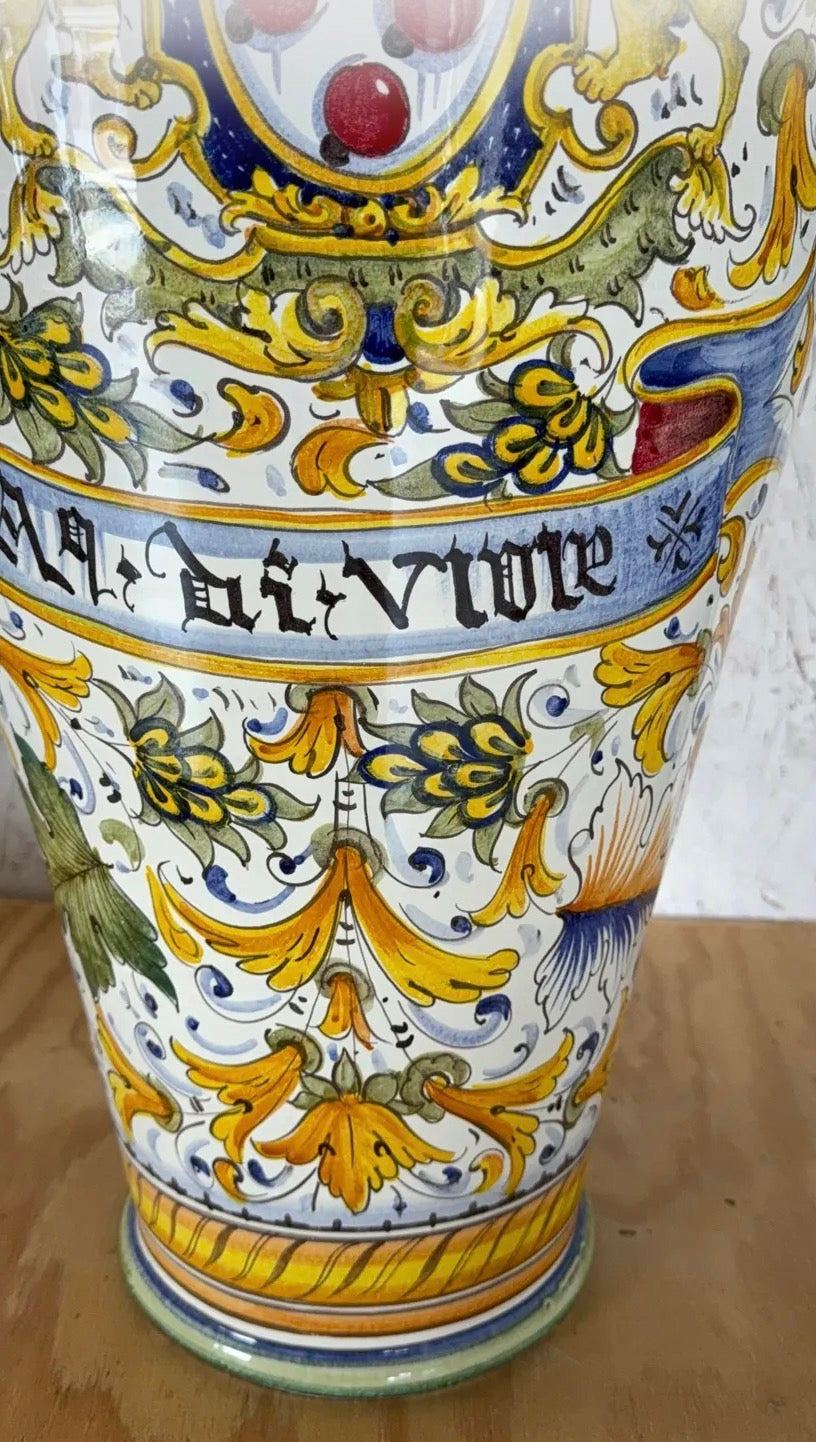 Mid 20th Century Hand-Painted Italian Majolica Ceramic Amphora Floor Vase With Caffagiolo Pattern