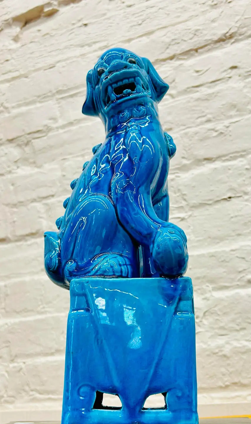 Pair of Vintage Mid-Century Modern Cobalt Blue Chinese Porcelain Mounted Foo Dogs
