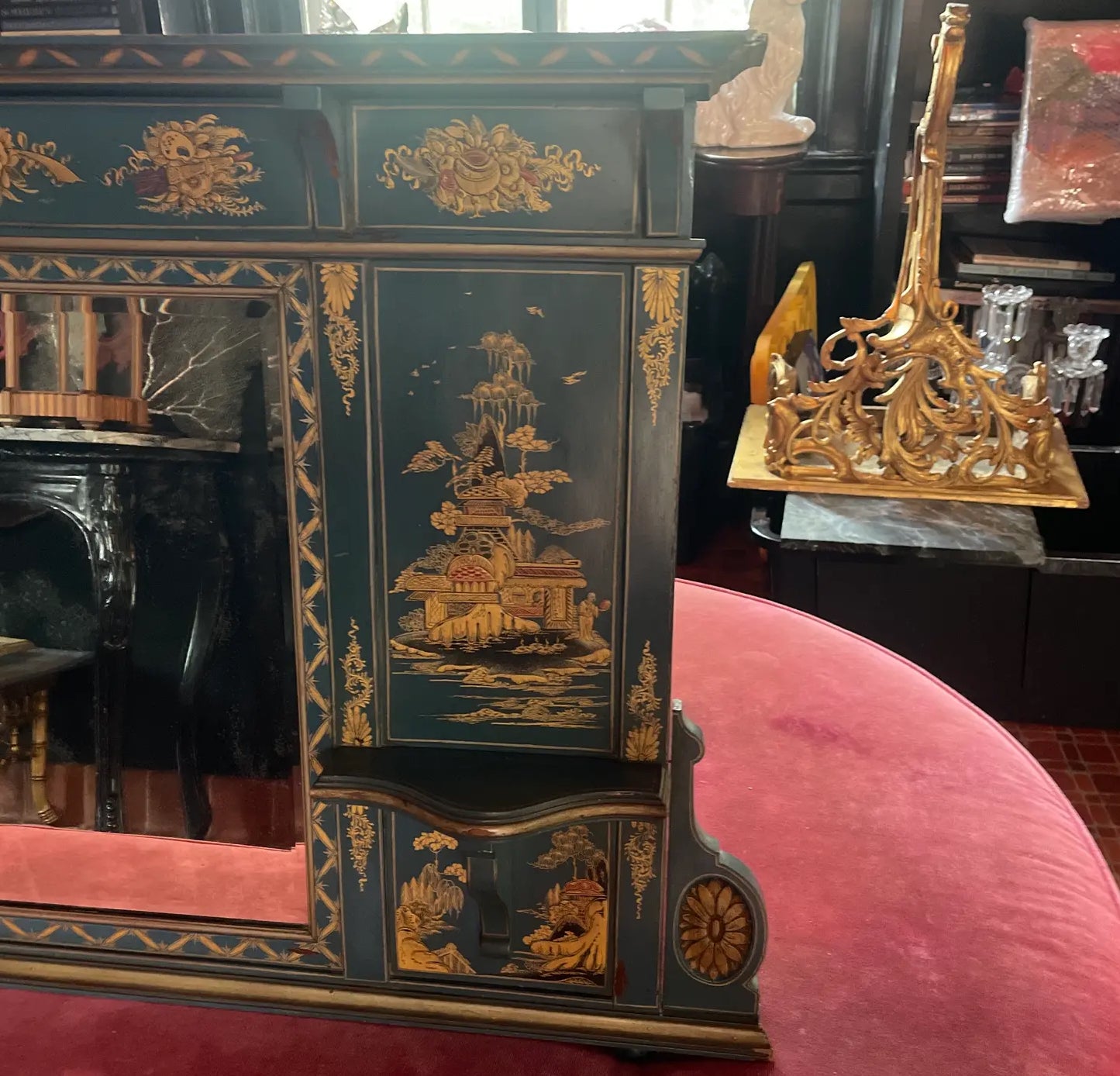 1970s Vintage Chinoiserie Overmantel Mirror With Two Shelves
