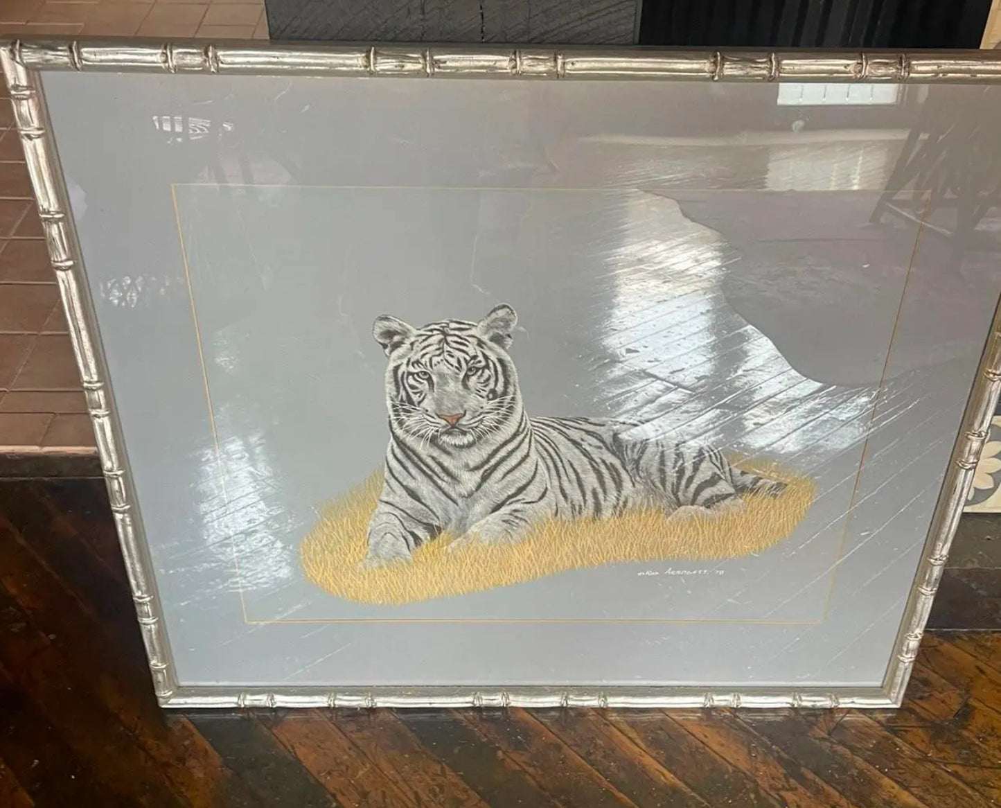 1970s Painting of a White Tiger, Framed