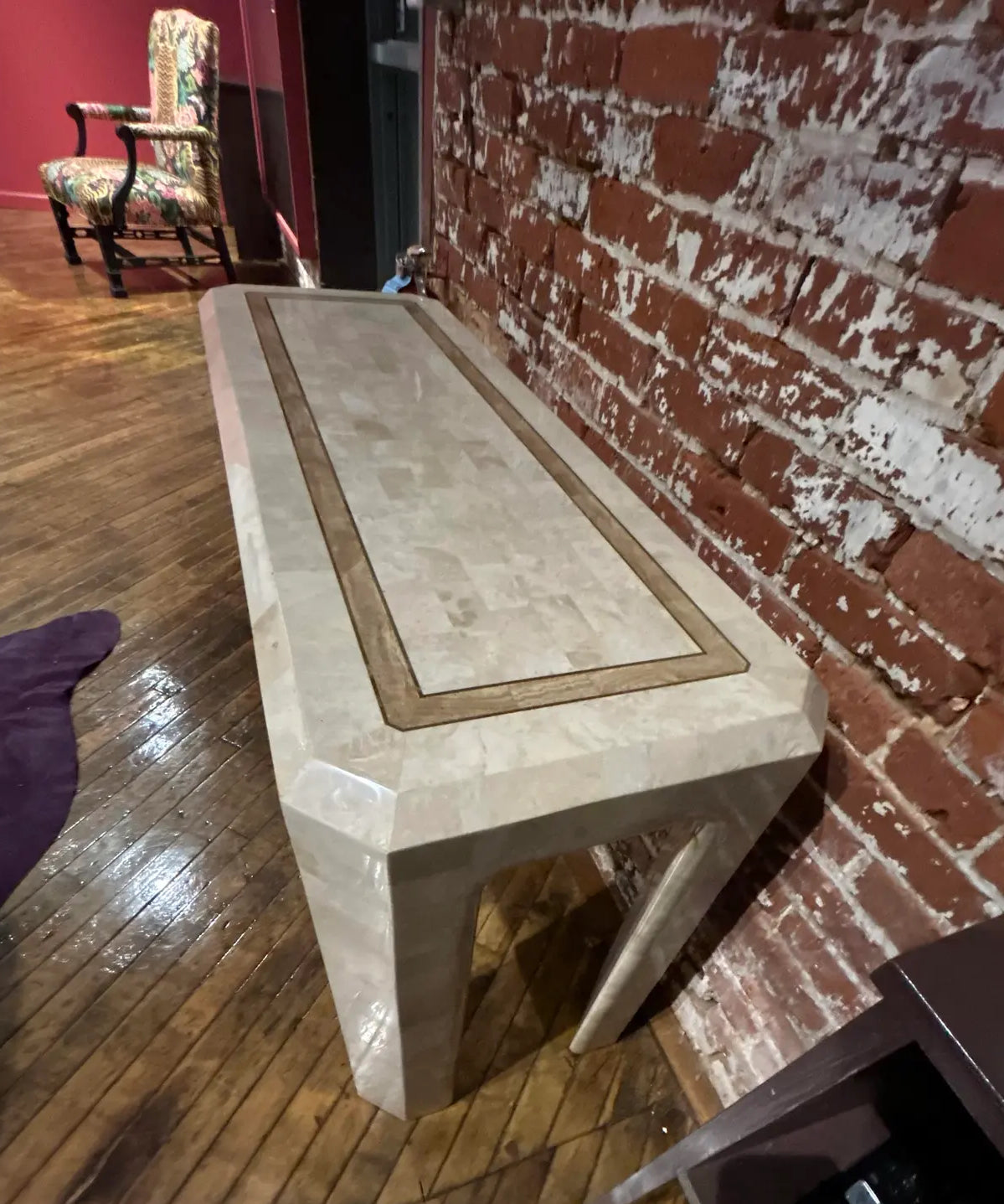 Tessellated Stone Tile Faceteed Console Sofa Table With Brass Inlay Border