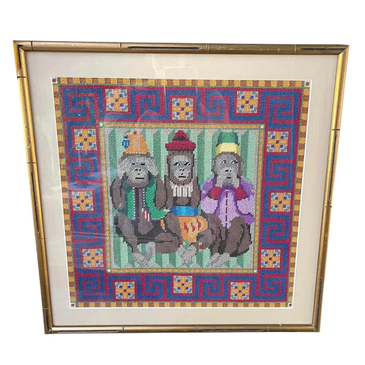 1980s Needlework Picture of Three Monkeys