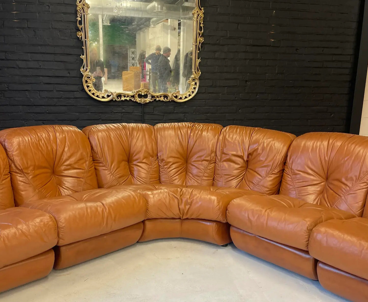1970s Vintage Mid-Century Cognac Leather Sectional Sofa