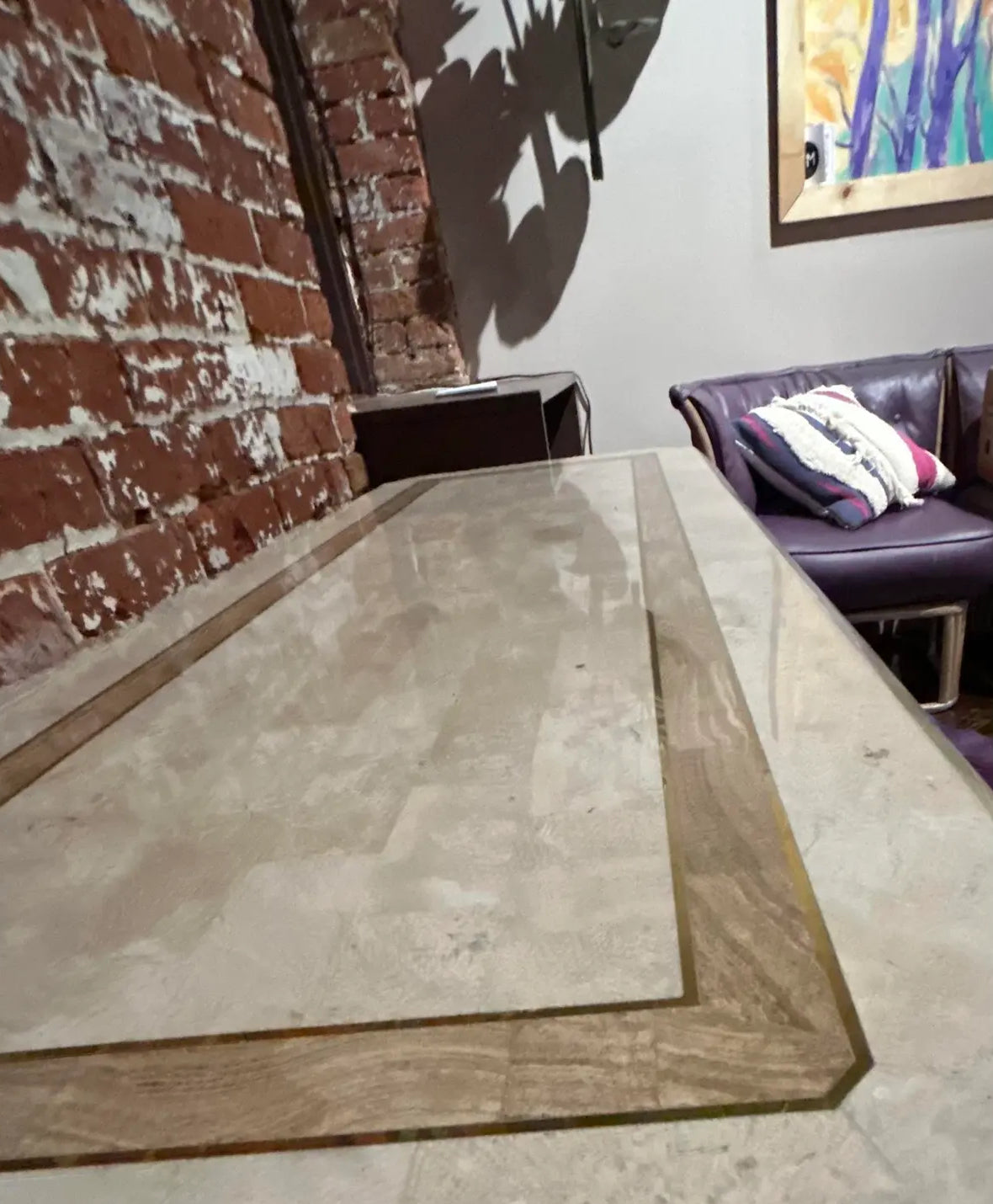Tessellated Stone Tile Faceteed Console Sofa Table With Brass Inlay Border