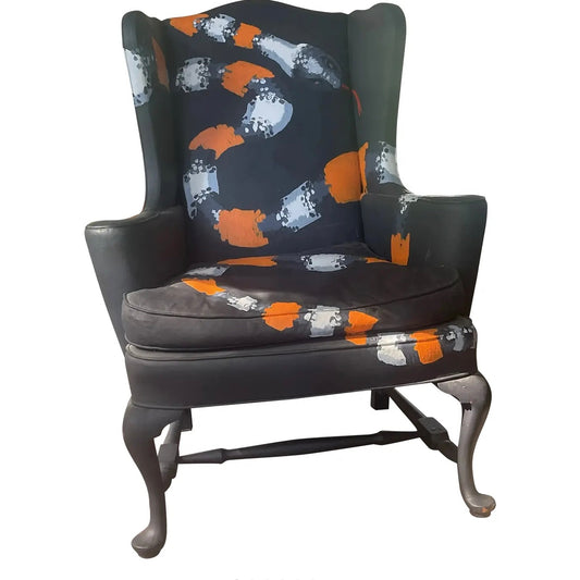 1990s Vintage Wing Chair With Snake Painted Fabric