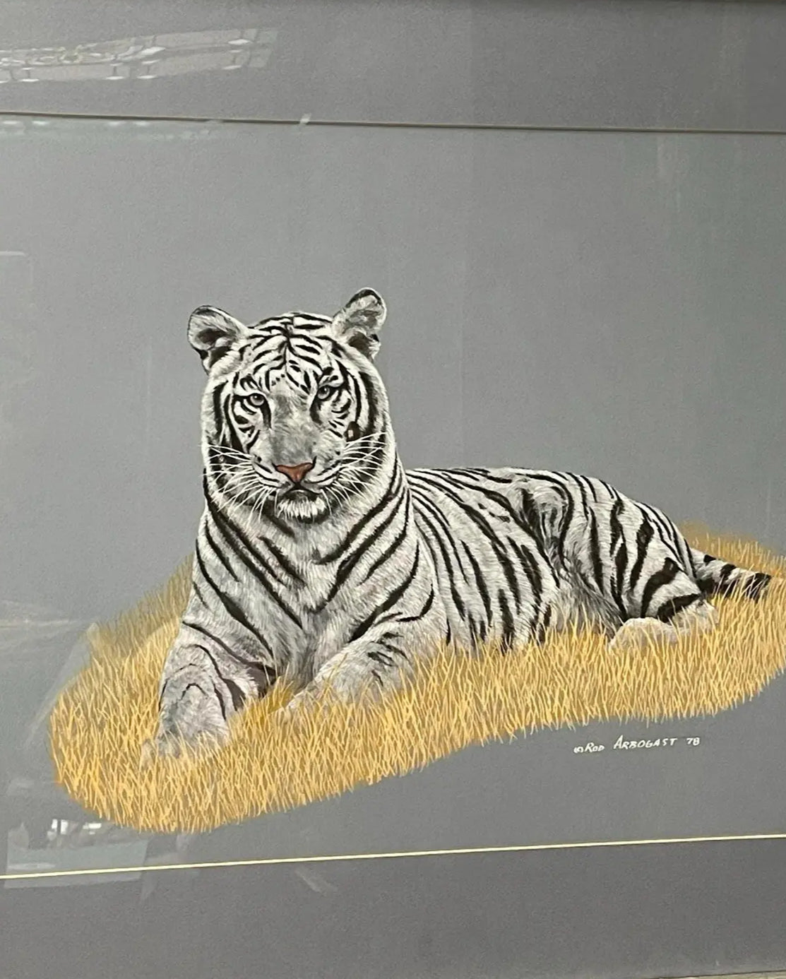 1970s Painting of a White Tiger, Framed
