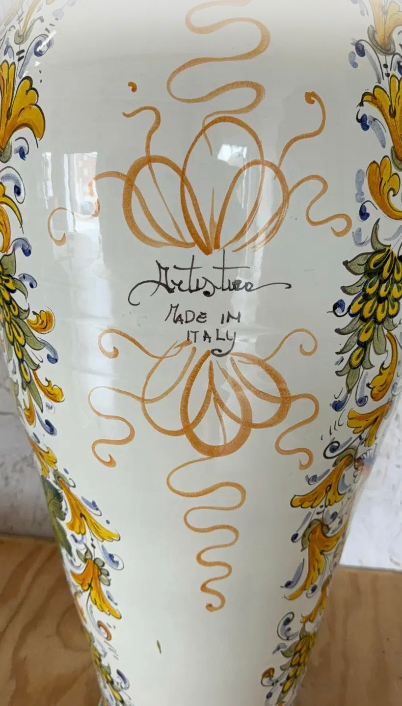 Mid 20th Century Hand-Painted Italian Majolica Ceramic Amphora Floor Vase With Caffagiolo Pattern
