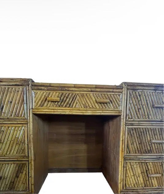 Vintage Coastal Split Rattan Vanity and Mirror, 2 Pieces