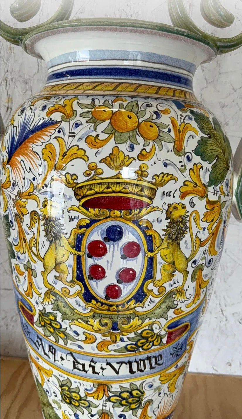 Mid 20th Century Hand-Painted Italian Majolica Ceramic Amphora Floor Vase With Caffagiolo Pattern