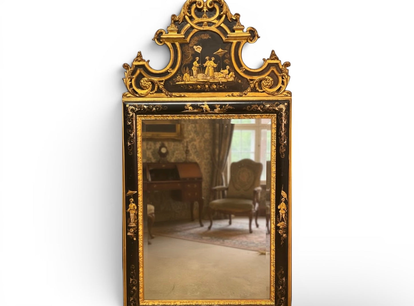 1940s Large Italian Chinoiserie Mirror With Hand Painted Details