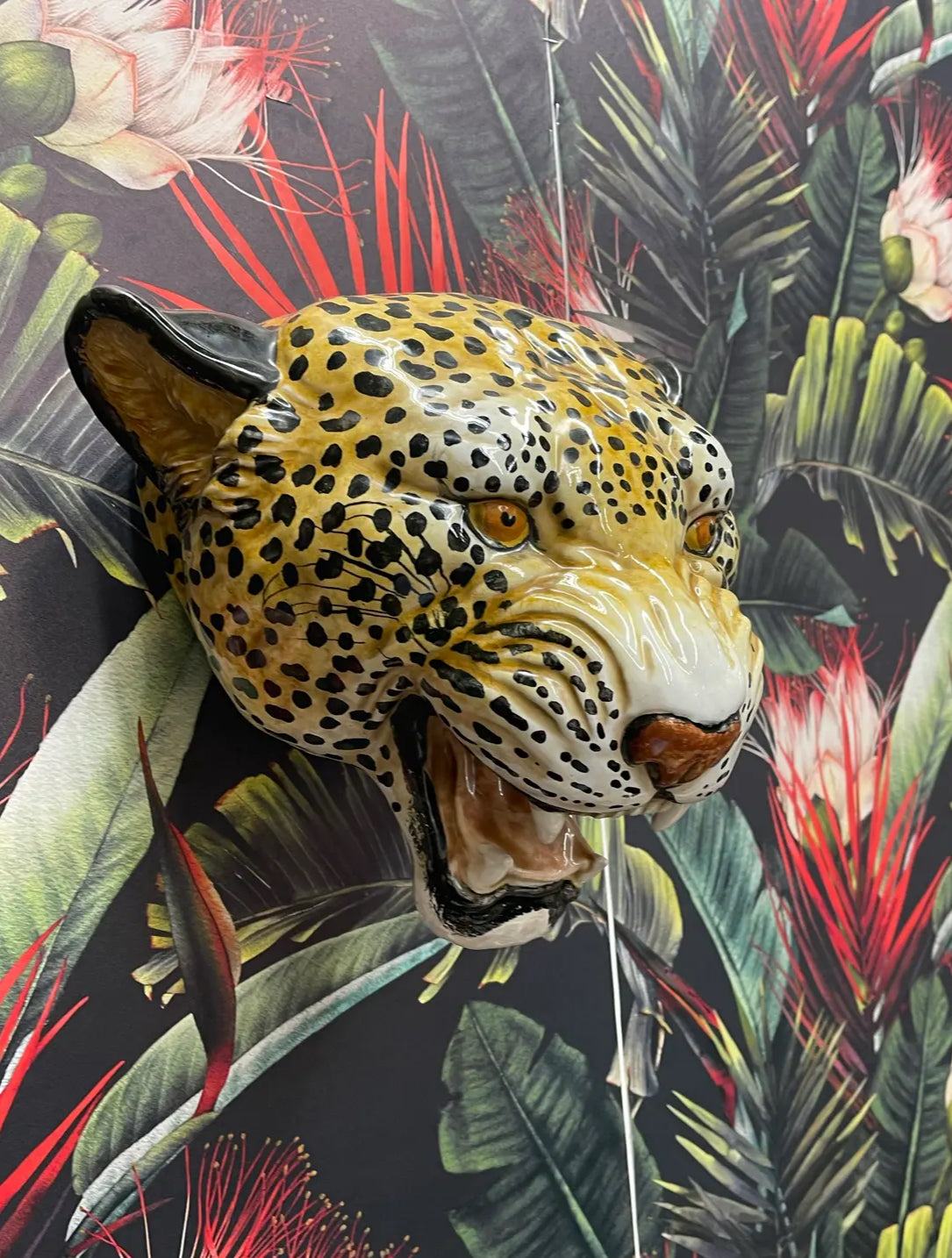 Pair of Vintage 1970s Italian Glazed Terra Cotta Leopard Wall Sculptures