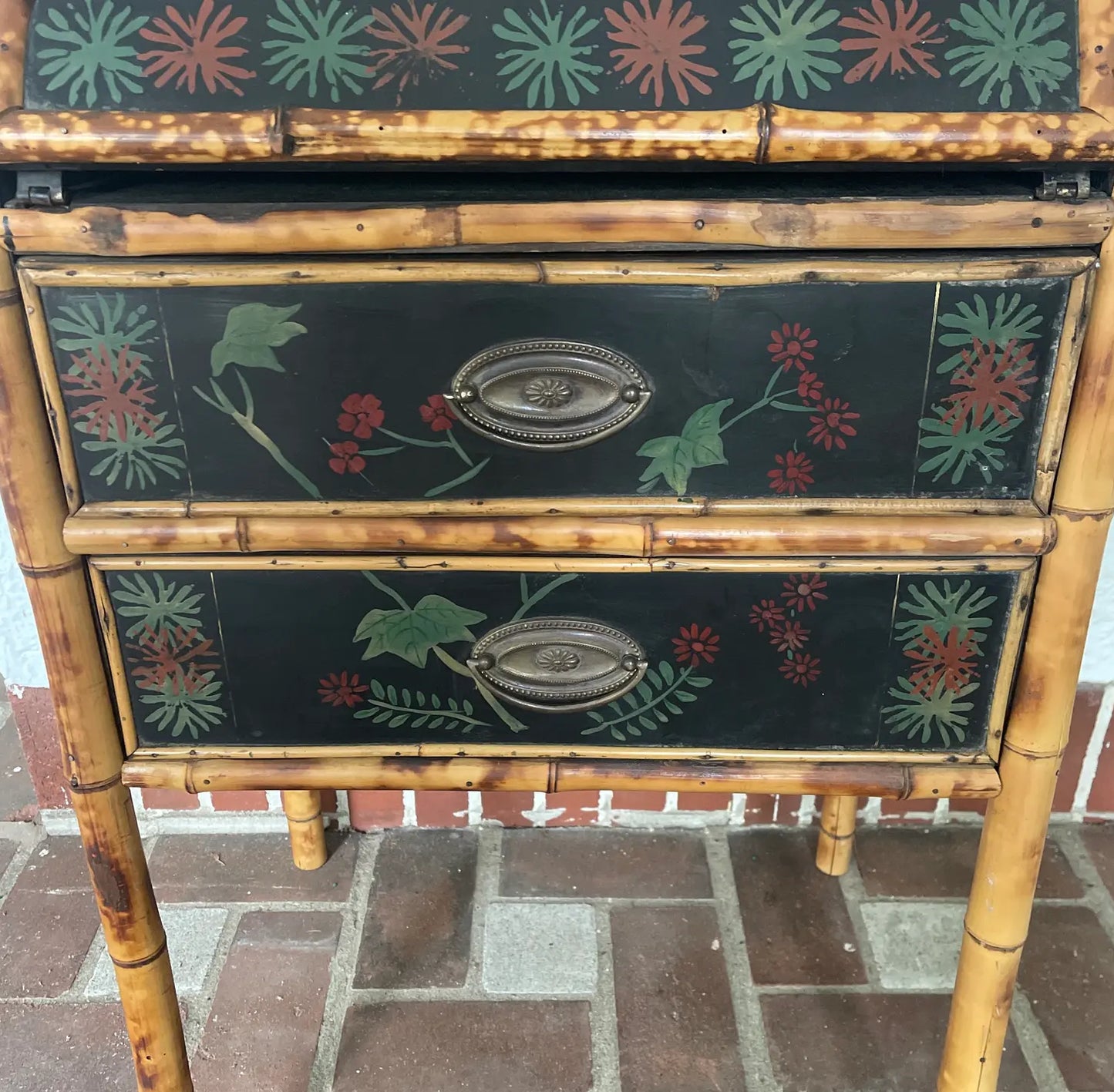 1950s Vintage English Tortoise Bamboo Slant Front Desk