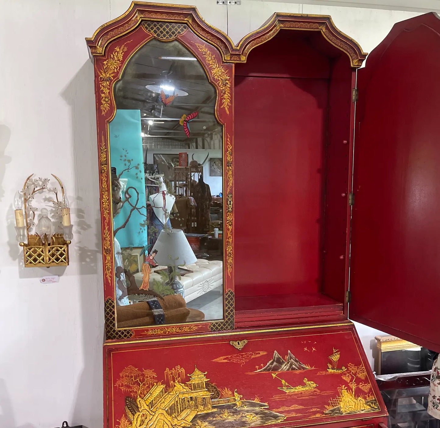 1970s Vintage Red Chinoiserie Secretary Desk