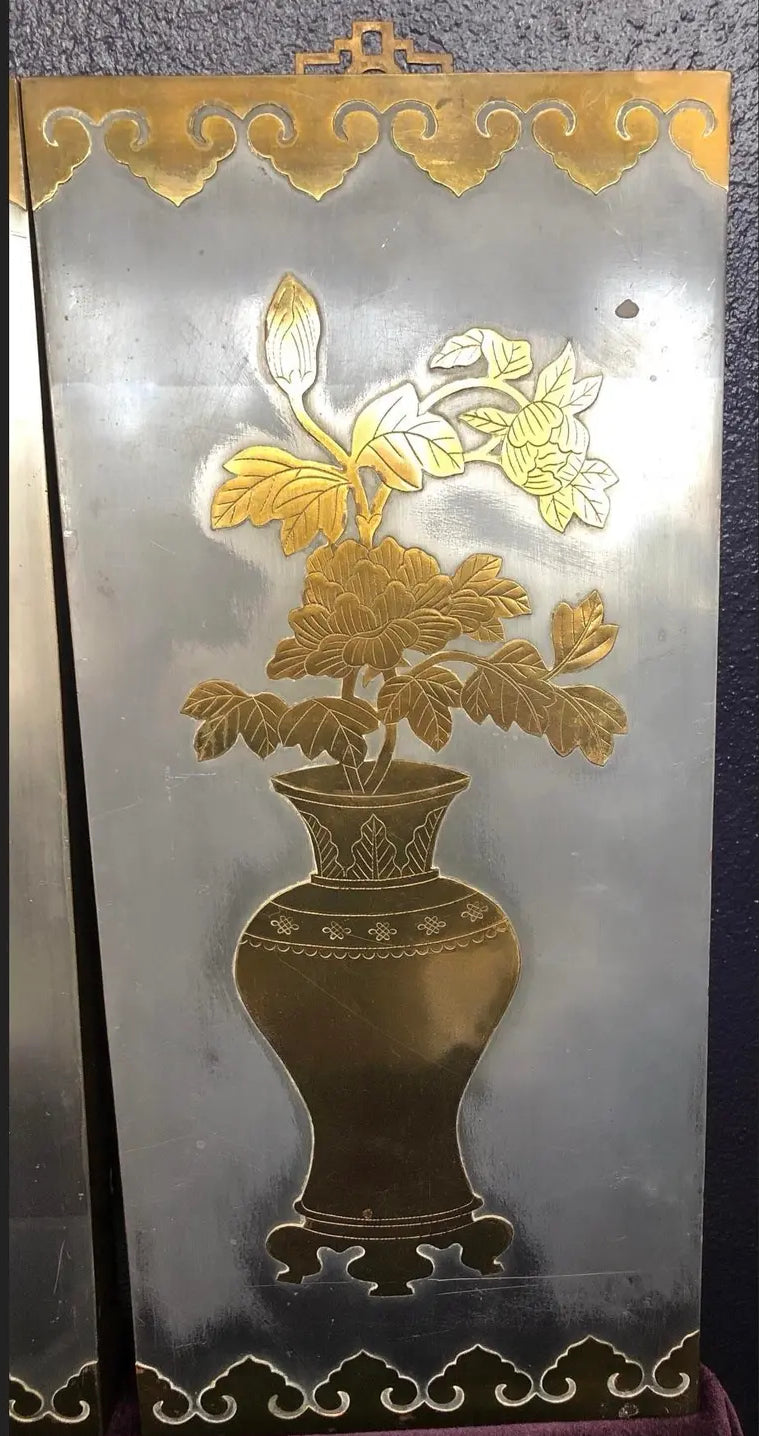 Pair of Vintage Pewter and Brass Wall Plaques Made in Hong Kong