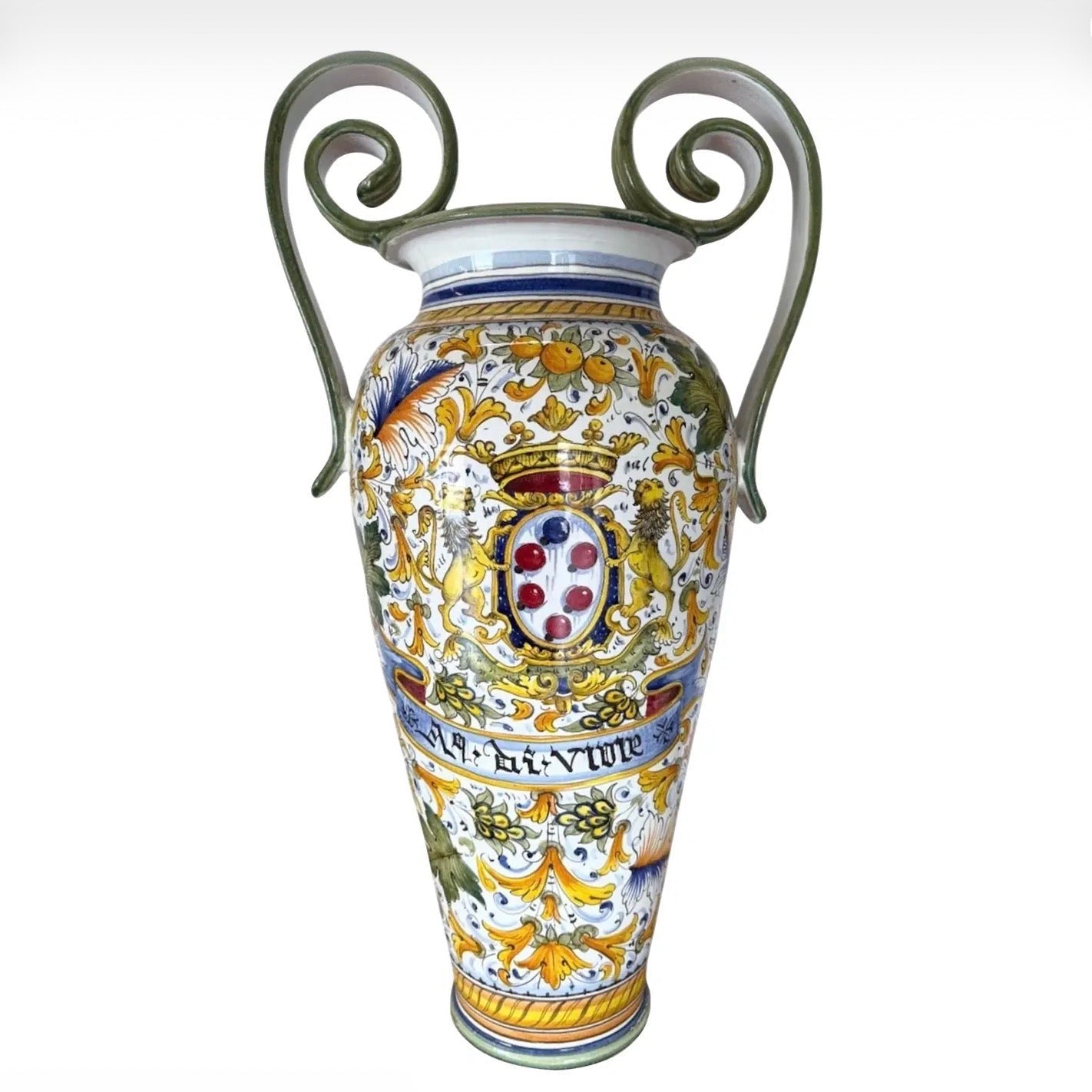 Mid 20th Century Hand-Painted Italian Majolica Ceramic Amphora Floor Vase With Caffagiolo Pattern