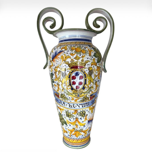 Mid 20th Century Hand-Painted Italian Majolica Ceramic Amphora Floor Vase With Caffagiolo Pattern