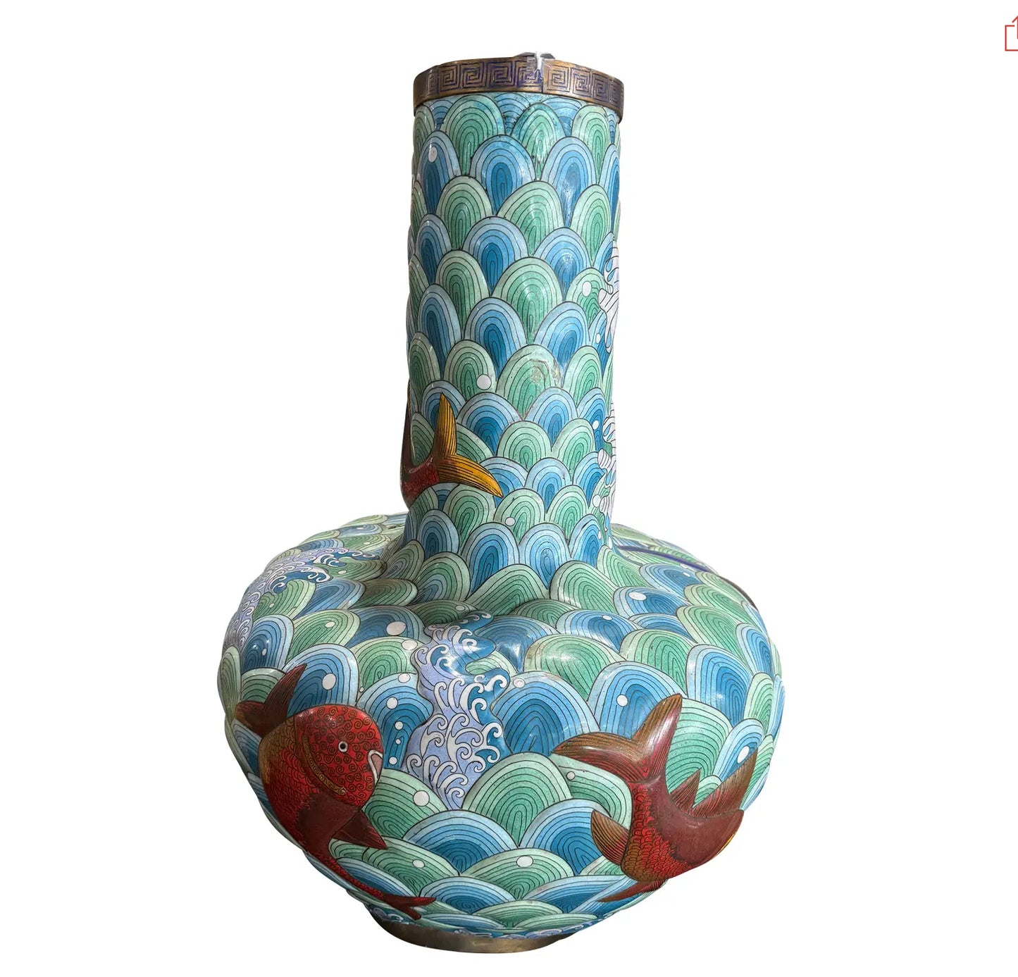Large Antique Japanese Cloisonne Enamel Vase With Koi Fish