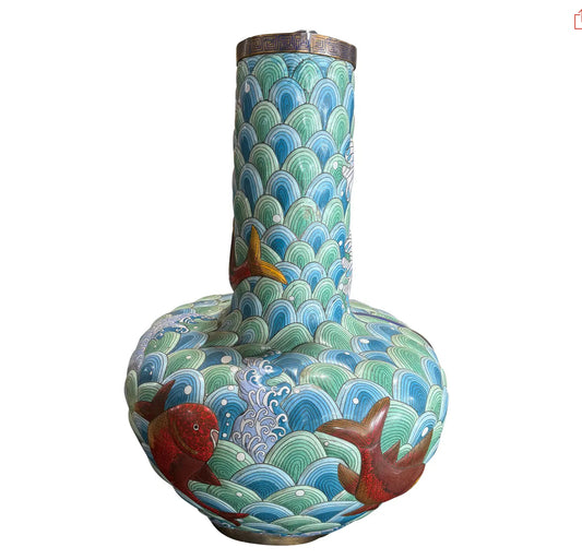 Large Antique Japanese Cloisonne Enamel Vase With Koi Fish