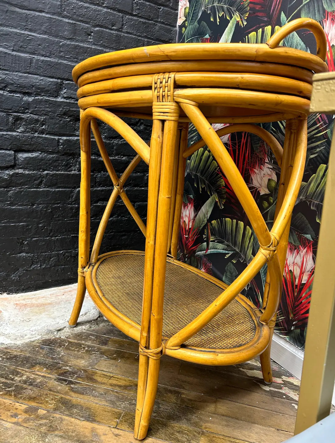 A Pair of Vintage Mid 30th Century McGuire Coastal Bent Bamboo and Rattan Oval Bar Tables With Removable Serving Trays