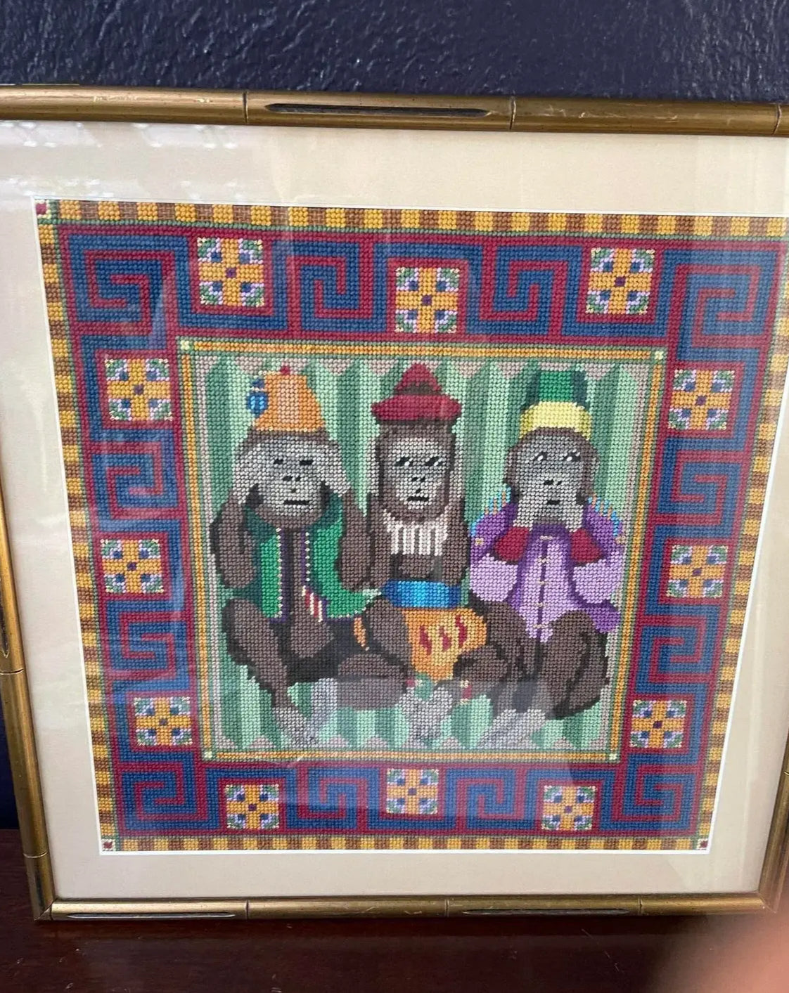 1980s Needlework Picture of Three Monkeys