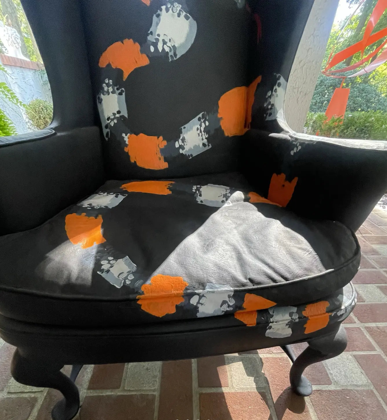 1990s Vintage Wing Chair With Snake Painted Fabric