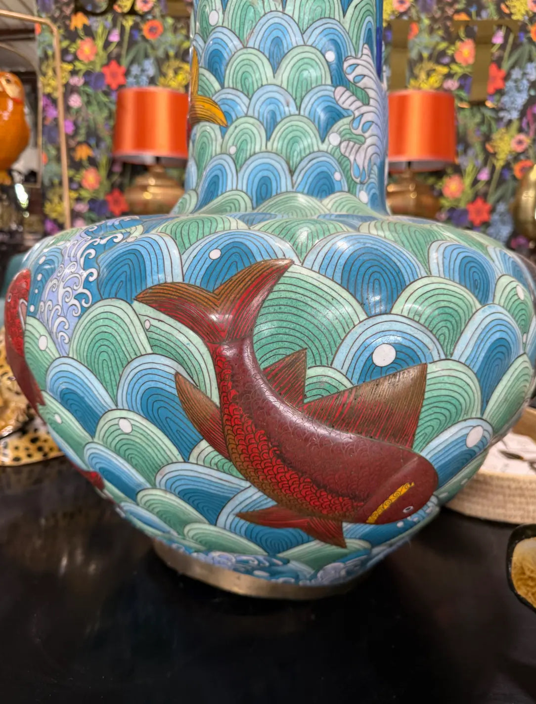 Large Antique Japanese Cloisonne Enamel Vase With Koi Fish