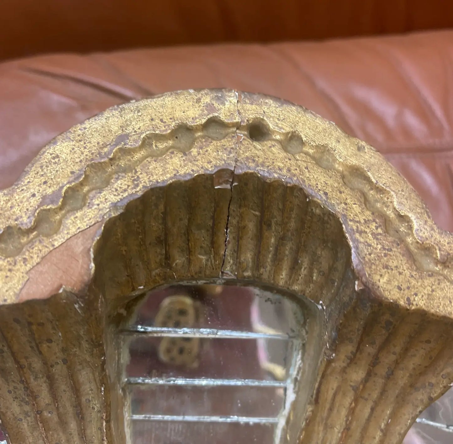 1980s Gilt Carved Shell Mosaic Mirror With a Three-Branch Sconce Arm