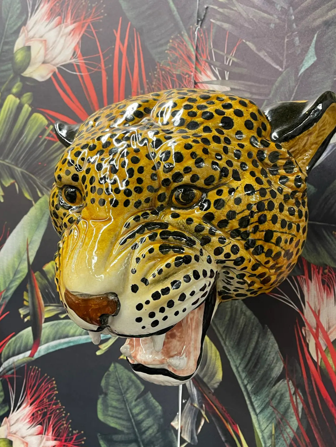 Pair of Vintage 1970s Italian Glazed Terra Cotta Leopard Wall Sculptures