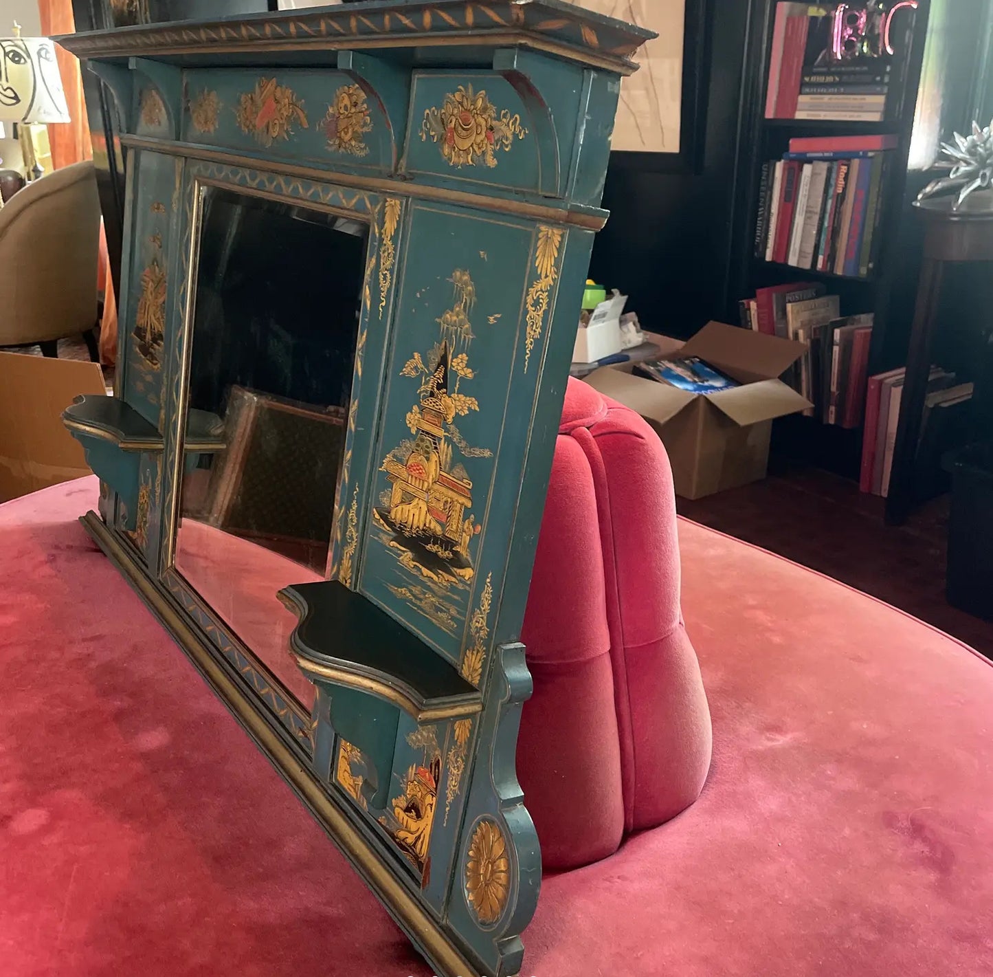 1970s Vintage Chinoiserie Overmantel Mirror With Two Shelves