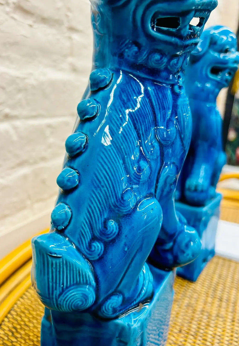 Pair of Vintage Mid-Century Modern Cobalt Blue Chinese Porcelain Mounted Foo Dogs