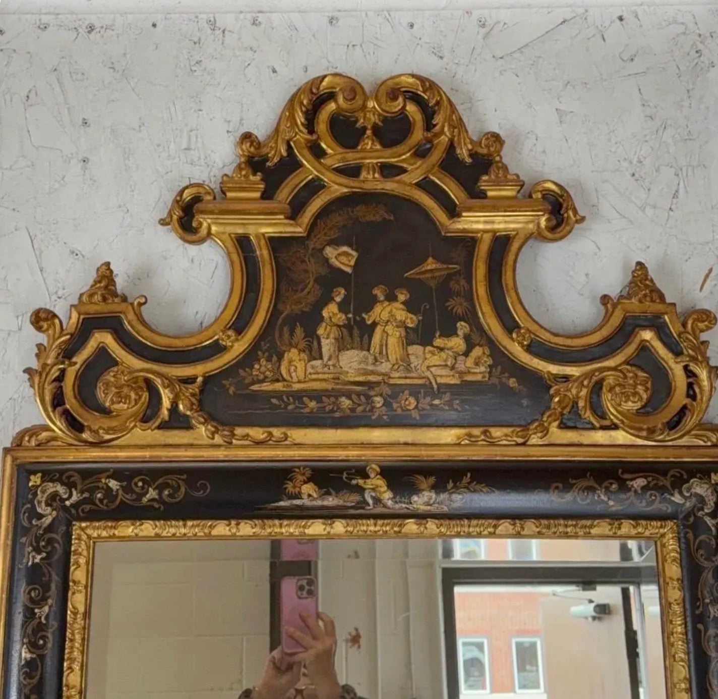 1940s Large Italian Chinoiserie Mirror With Hand Painted Details