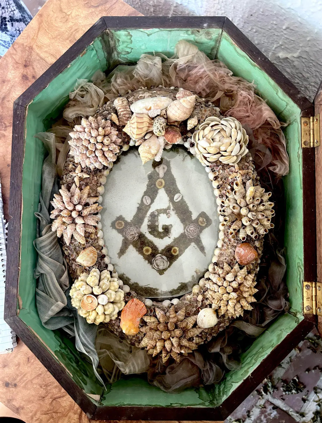 Antique Masonic Lodge Shellwork Shadow Box