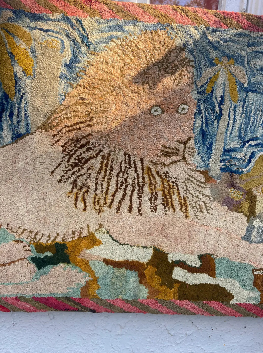 Large Antique Hooked Rug of a Lion With Palms