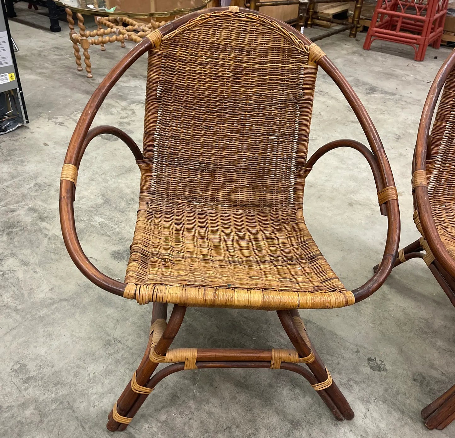 1970s Pair of Vintage Bamboo and Wicker Armchairs