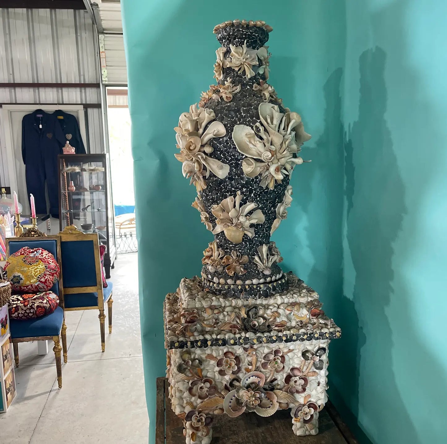Vintage Shell Vase and Pedestal