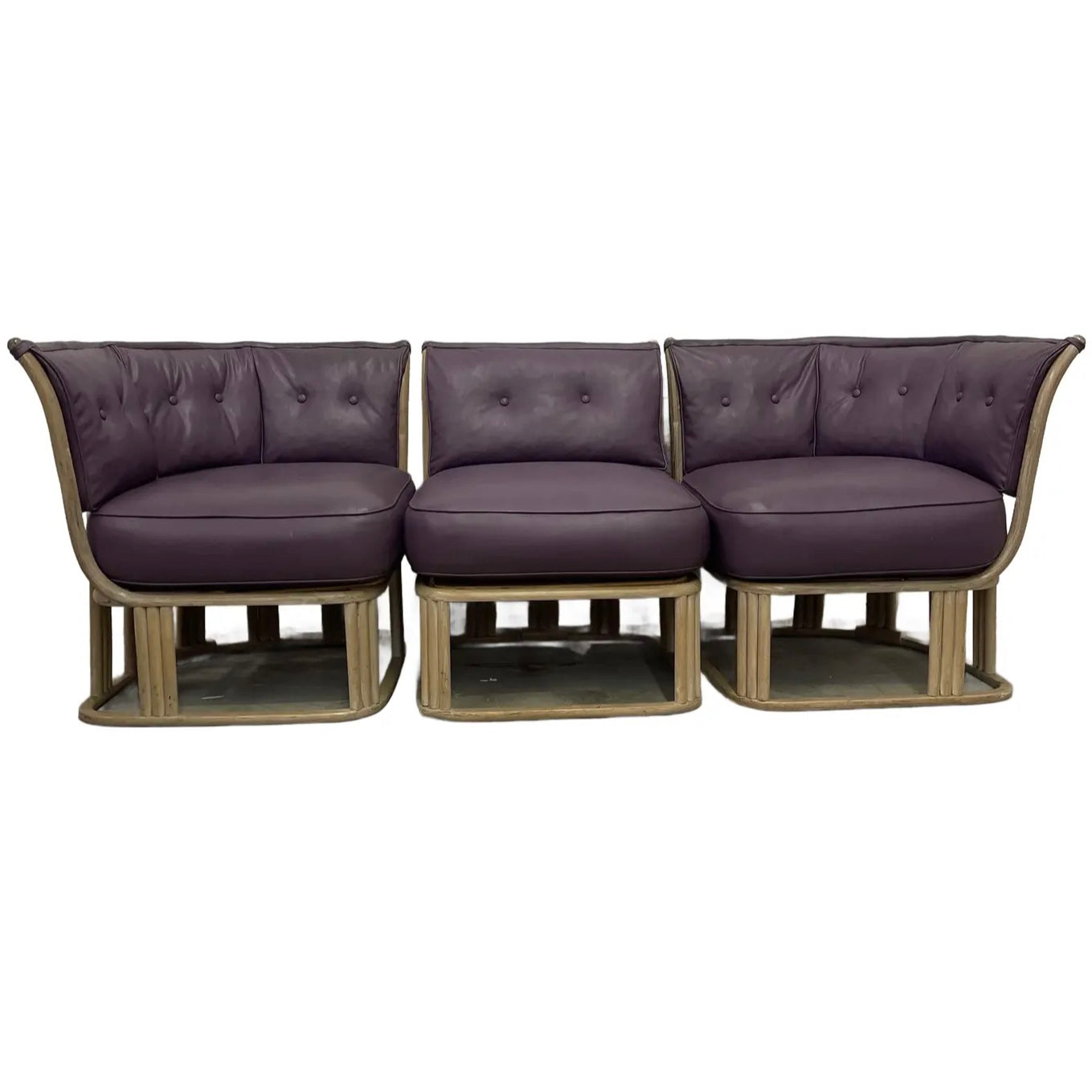 Mid 20th Century Vintage Purple Leather & Teak 3 Piece Sectional Sofa